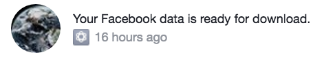 Screenshot of Facebook message that data is ready to download