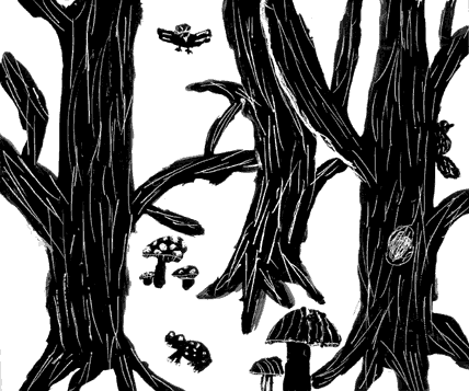 Black and white graphic of trees, bird, frog, and mushrooms