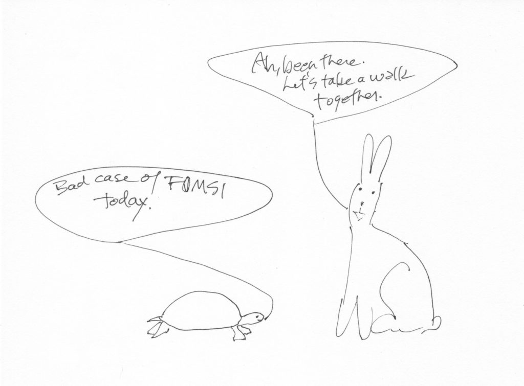 Comic panel 2 with turtle saying Bad case of FOMSI today and Hare says Ah, been there. Let's take a walk together.