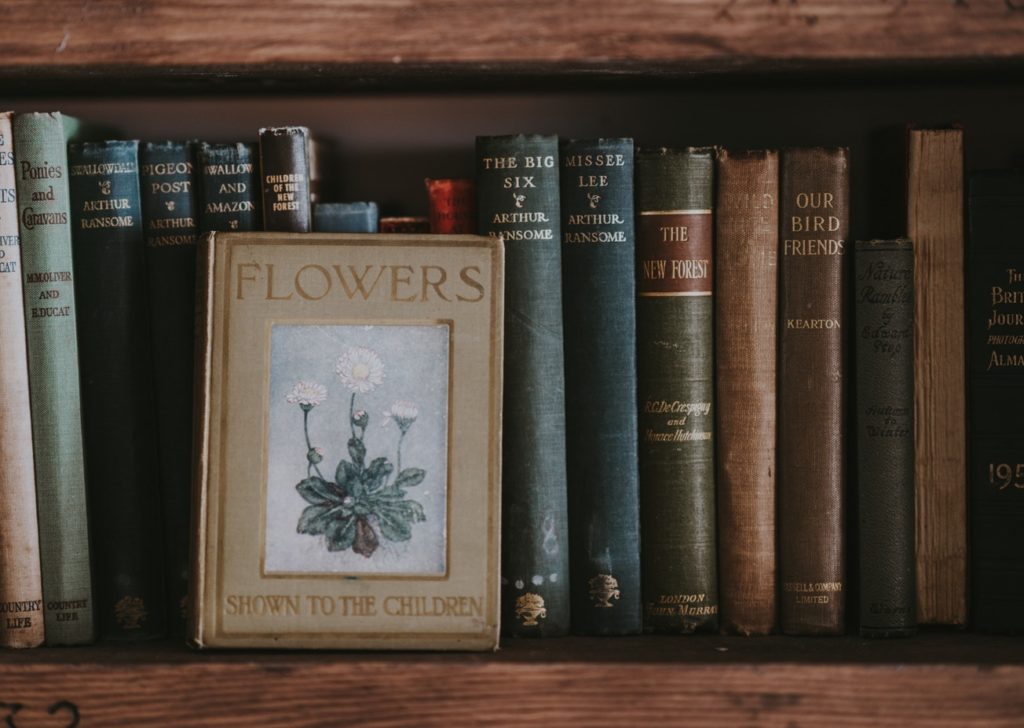 photo of book shelf with close up of book titled Flowers