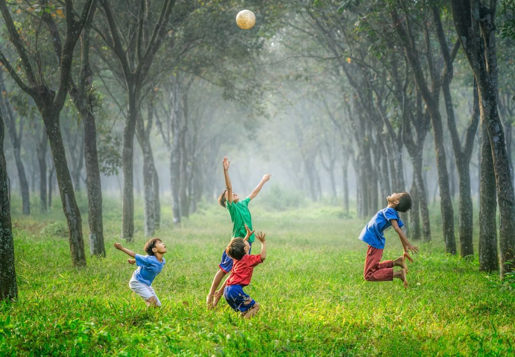 4 young boys leaping up to catch a ball in a green field with trees