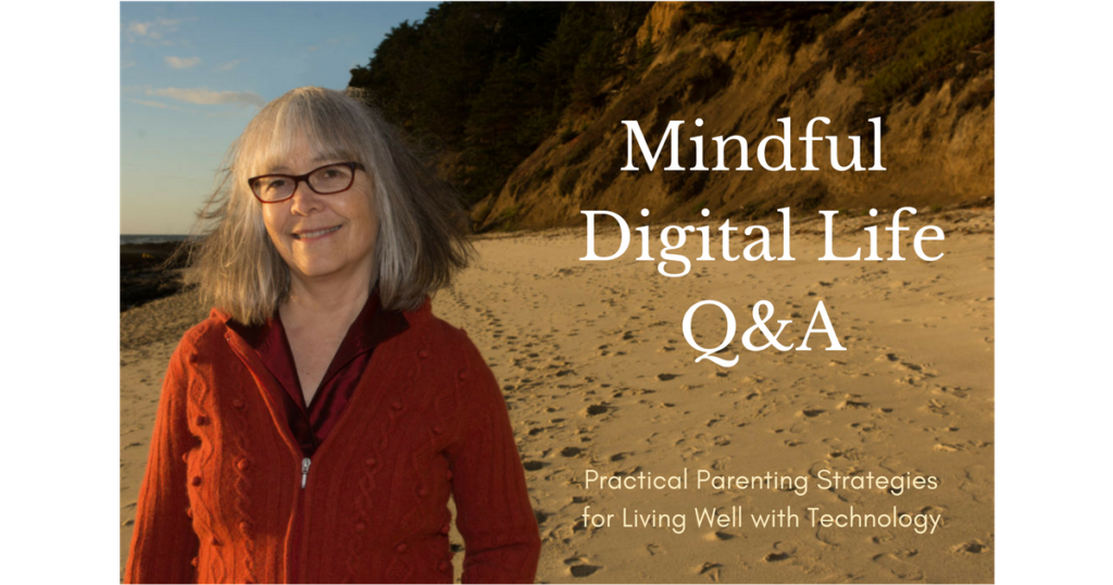 Mindful Digital Life Q&A poster with Claudia standing on beach. Subtitle says Practical Parenting Strategies for Living Well with Technology