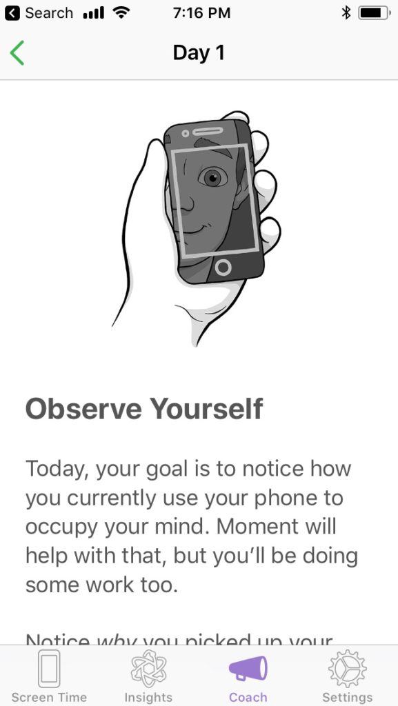 Screenshot of Moment app that says Observe Yourself with image of hand holding phone with person's face reflected