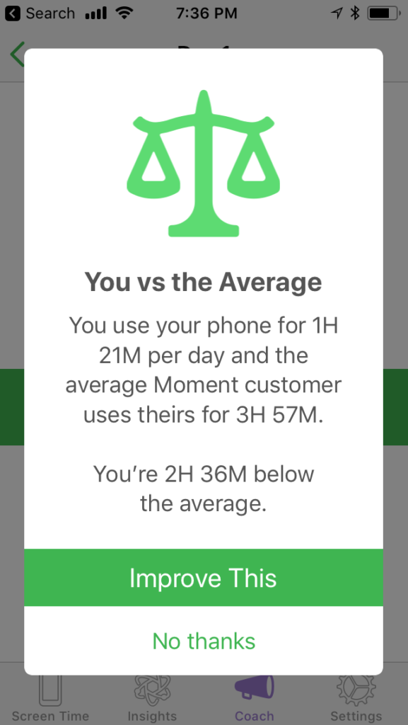 Screenshot with green balance scale and title You vs the Average followed by You're 2H 30M below the average