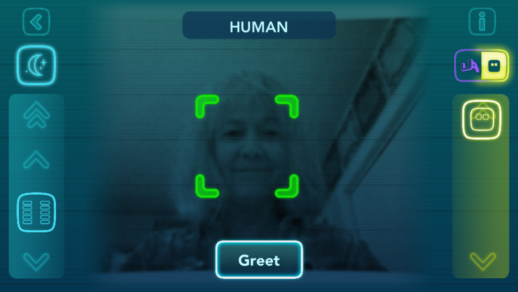 iPhone screenshot of writer's face framed in green with label Human above and label Greet below. View positioning controls on left and right of image